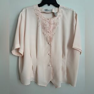 Karen Scott Soft Pink Fabric Button Up Pleated Scroll Embroidered Blouse Size 18